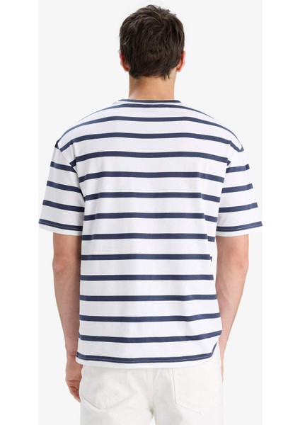 %100 Pamuk Boxy Fit Rahat Kesim Bisiklet Yaka Çizgili Kısa Kollu Tişört E1160AX25AU