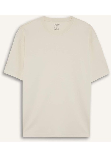 Oversize Geniş Kalıp Bisiklet Yaka Ağır Kumaş Basic Düz Kısa Kollu Tişört E9798AX25AU