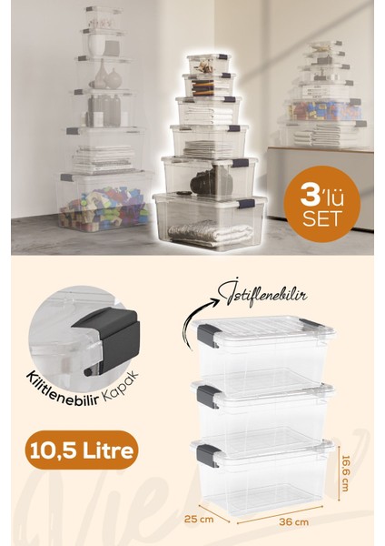 3'lü Renkli 10,5 Litre Kilitli Saklama Kutusu Seti