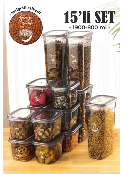 15'li Dikdörtgen Saklama Kutusu Seti, 5 Boyut, Serigrafi Etiketli, Kullanışlı ve Şık