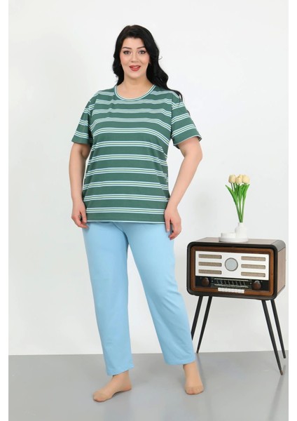 Kadın Büyük Beden Kısa Kol Penye Pijama Takımı Petrol 202505