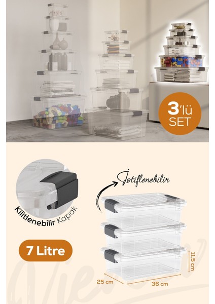 3'lü 7 Litre Renkli Kilitli Saklama ve Erzak Kutusu Seti