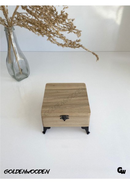Doğal Ahşap Takı Saklama Kutusu, Ceviz Renk, BOY:11CM, EN:11CM, Yük:7,5cm