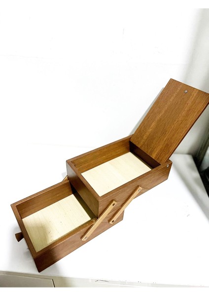 Kahverengi Ahşap Dikiş Nakış Kutusu, Dayanıklı Çift Katlı, Üstü Kapaklı, 21X14X12 cm