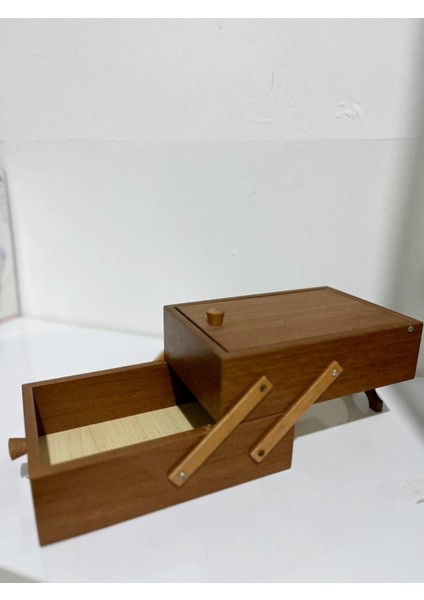 Kahverengi Ahşap Dikiş Nakış Kutusu, Dayanıklı Çift Katlı, Üstü Kapaklı, 21X14X12 cm fiyatları