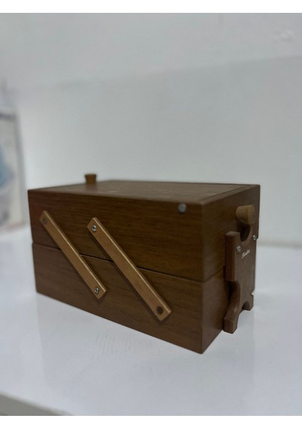 Kahverengi Ahşap Dikiş Nakış Kutusu, Dayanıklı Çift Katlı, Üstü Kapaklı, 21X14X12 cm modelleri