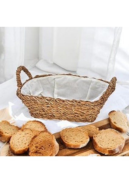 El Yapımı Doğal Hasır Çok Amaçlı Dikdörtgen Sepet, Kulplu Dekoratif Ekmeklik