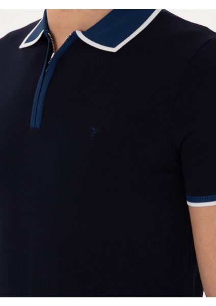Erkek Lacivert Slim Fit Fermuarlı Polo Yaka Triko T-Shirt 50306425-VR033