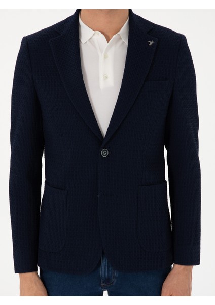 Erkek Lacivert Slim Fit Dokulu Yün Karışımlı Ceket 50299875-VR033
