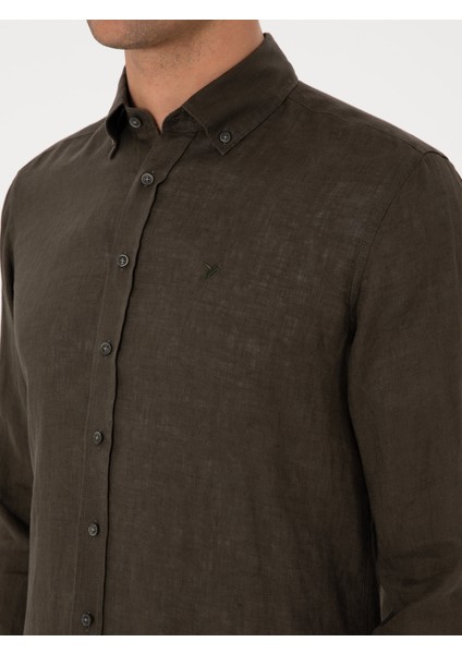 Erkek Koyu Haki Regular Fit %100 Keten Gömlek 50303617-VR111