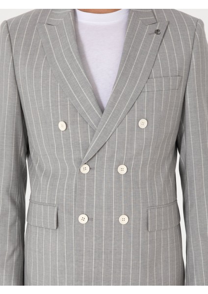 Erkek Açık Gri Slim Fit %100 Yün Çizgili Kruvaze Takım Elbise 50306346-VR001