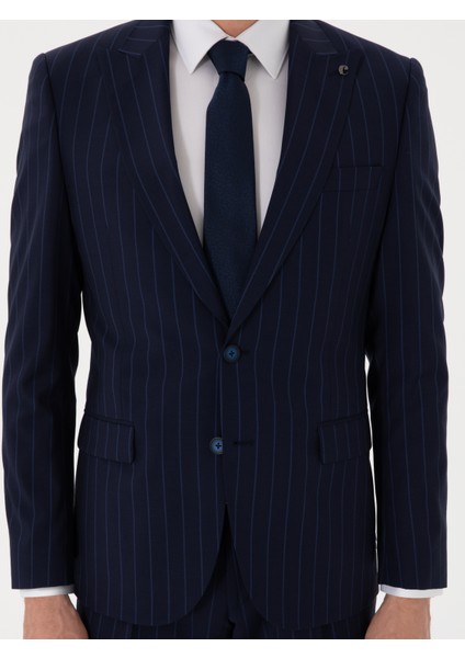 Erkek Koyu Lacivert Slim Fit Çizgili Kırlangıç Yaka Yün Takım Elbise 50300516-VR100