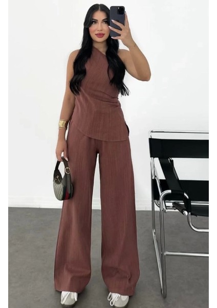 Kadın Keten Asimetrik Tek Omuzlu Bluz Pantalon Takım- Bordo