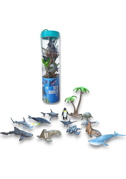 Tüpte 13 Parça Okyanus Hayvanları 12 Hayvan 1 Ağaç Köpek Balığı Penguen Kaplumbağa Vatoz Balina