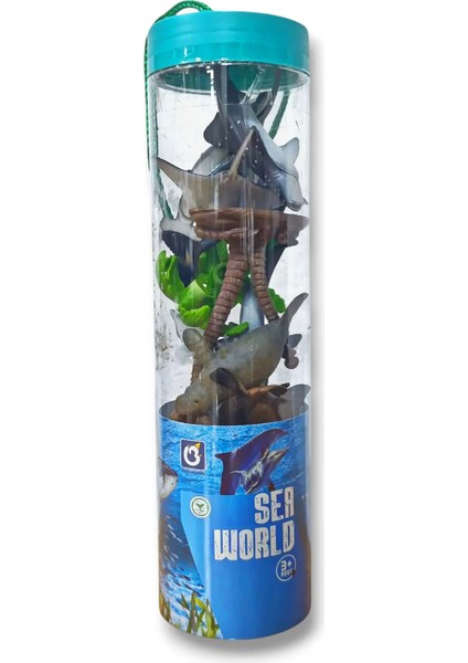 Tüpte 13 Parça Okyanus Hayvanları 12 Hayvan 1 Ağaç Köpek Balığı Penguen Kaplumbağa Vatoz Balina modelleri