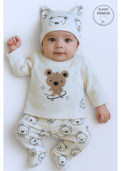 %100 Pamuklu 0-3 Ay Yenidoğan Bebek Hastane Çıkışı 3lü Set