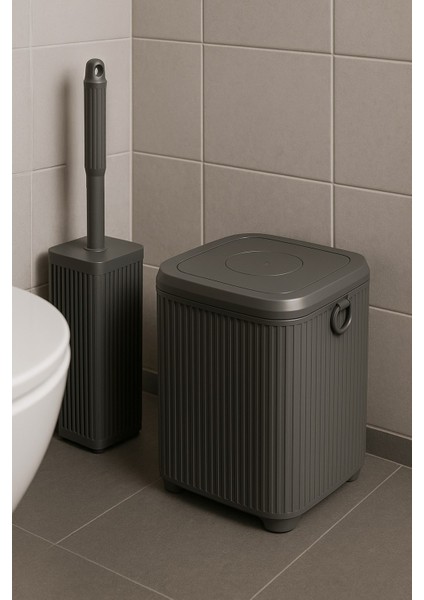 Lines Serisi Gri 2'li Banyo Seti, Akrilik Kare 5 Litre Çöp Kovası, Tuvalet Fırçası Takımı 3460 indirimleri