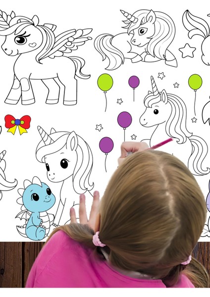 Minik Prensesler ve Unicornlar 2'li Paket 5 Metre Dev Boyama Kağıdı | Kırtasiye Doğal Oyun Hediye
