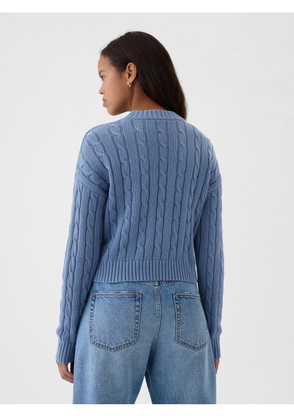 Kadın Mavi Cable Örgü Crop Kazak indirimleri