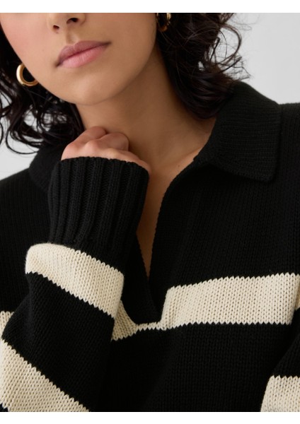 Kadın Siyah Polo Yaka Crop Kazak modelleri