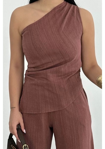 Kadın Keten Asimetrik Tek Omuzlu Bluz Pantalon Takım- Bordo fiyatları