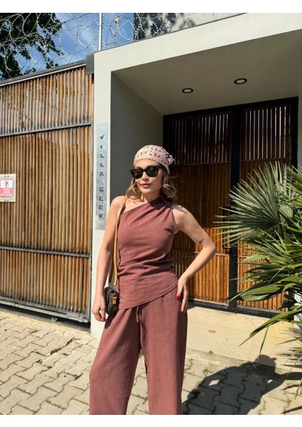 Kadın Keten Asimetrik Tek Omuzlu Bluz Pantalon Takım- Bordo modelleri