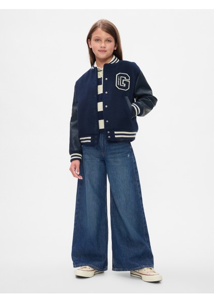 Kız Çocuk Koyu Mavi Mid Rise Baggy Jean Pantolon