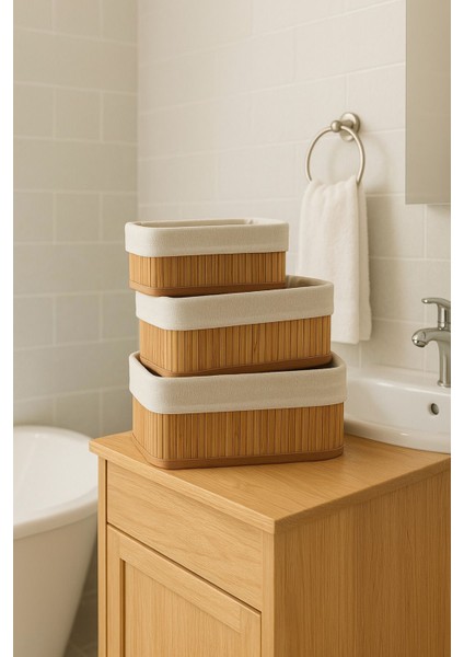 3'lü Bambu Dikdörtgen Çok Amaçlı Sepet Kahverengi, Şık ve Pratik Organizer Seti fiyatları