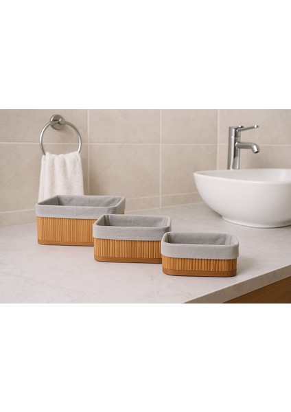 3'lü Bambu Dikdörtgen Çok Amaçlı Sepet Kahverengi, Şık ve Pratik Organizer Seti modelleri