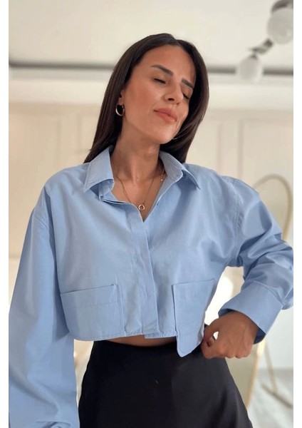 Poplin Crop Gömlek Mavi S3060 fiyatları