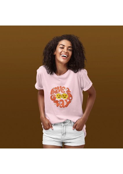 Kadın Have A Good Day Transfer Baskılı Yuvarlak Yaka Kısa Kol Tişört