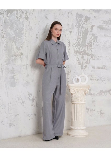 Kuşaklı Gömlek Yaka Salaş Tulum Gri S255822 indirimleri