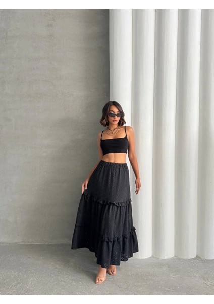 Fırfırlı Brodeli Astarlı Uzun Etek Siyah S255047 modelleri
