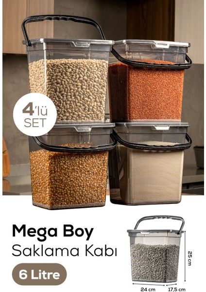 4'lü Kare Un ve Bakliyat Saklama Kabı, 6 Litre, Kulplu, Antrasit Renk