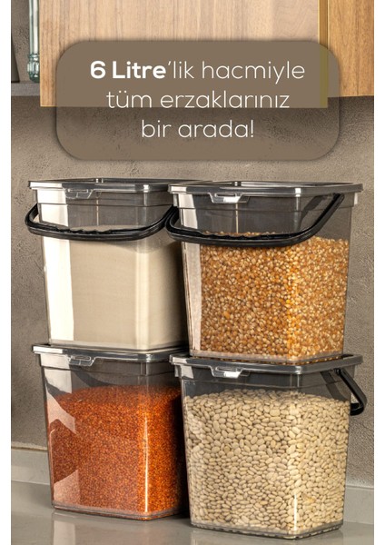 4'lü Kare Un ve Bakliyat Saklama Kabı, 6 Litre, Kulplu, Antrasit Renk fiyatları