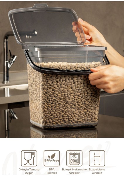 4'lü Kare Un ve Bakliyat Saklama Kabı, 6 Litre, Kulplu, Antrasit Renk indirimleri