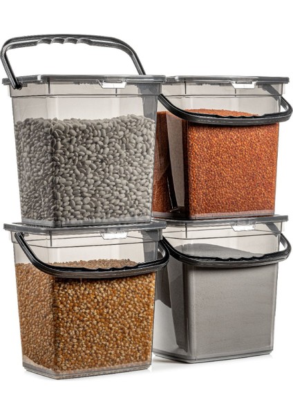 4'lü Kare Un ve Bakliyat Saklama Kabı, 6 Litre, Kulplu, Antrasit Renk