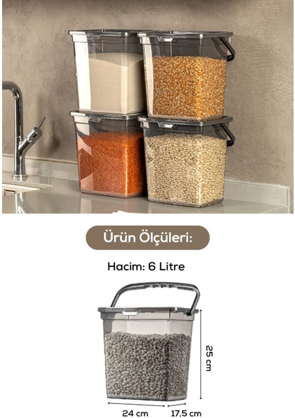 4'lü Kare Un ve Bakliyat Saklama Kabı, 6 Litre, Kulplu, Antrasit Renk
