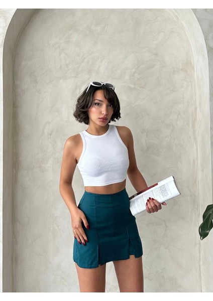 Çift Yırtmaçlı Atlas Şort Etek Petrol Yeşili S240364 fiyatları