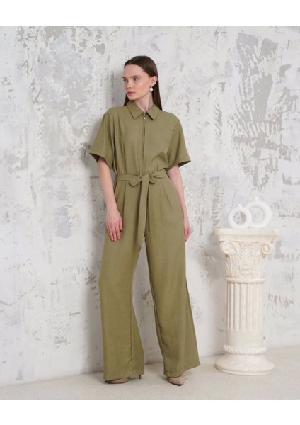 Kuşaklı Gömlek Yaka Salaş Tulum Haki S255822 modelleri