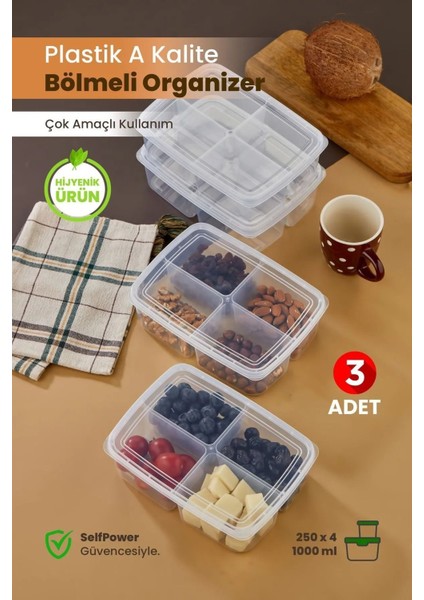 3'lü 4 Bölmeli 1000ML Saklama Kutusu, Buzdolabı ve Mutfak Düzenleyici