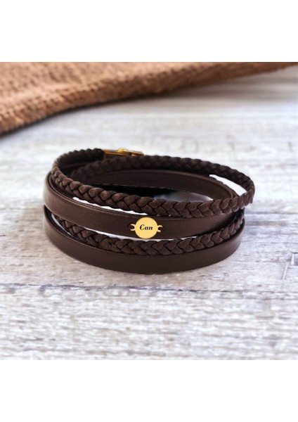 14 Ayar Plakalı Altın Can Yazılı Yuvarlak Motifli Kahverengi Derili Hediye BILEKLIK-533ISIM