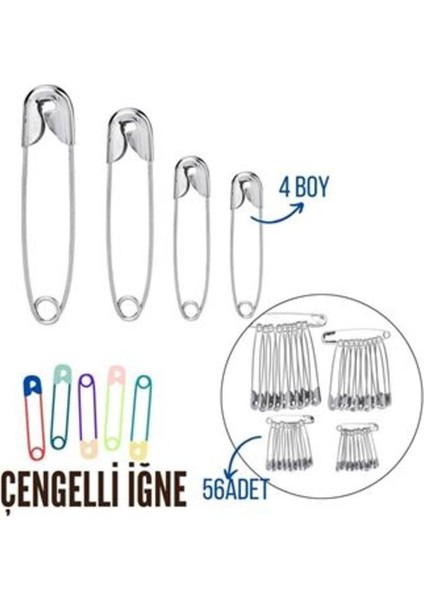 Çengelli Iğne 4 Boy 56 Adet, Gri, Çok Amaçlı ve Dayanıklı Tasarım