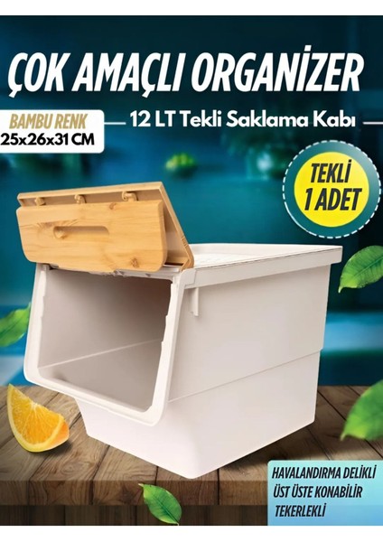 Bambu Çok Amaçlı Tekerlekli Organizer Kutu, Sebzelik, Oyuncak ve Saklama Çözümü