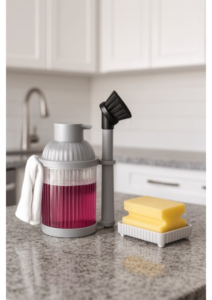 4 Parça Mutfak & Banyo Gri Temizlik Seti – Sıvı Sabunluk, Fırça, Havluluk & Süngerlik