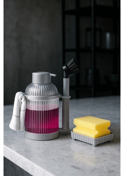 4 Parça Mutfak & Banyo Gri Temizlik Seti – Sıvı Sabunluk, Fırça, Havluluk & Süngerlik indirimleri