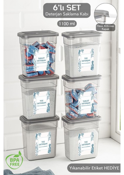 6'lı Saklama Kabı Seti, Hava Geçirmez Kapaklı, Gri, 6 x 1100 ml