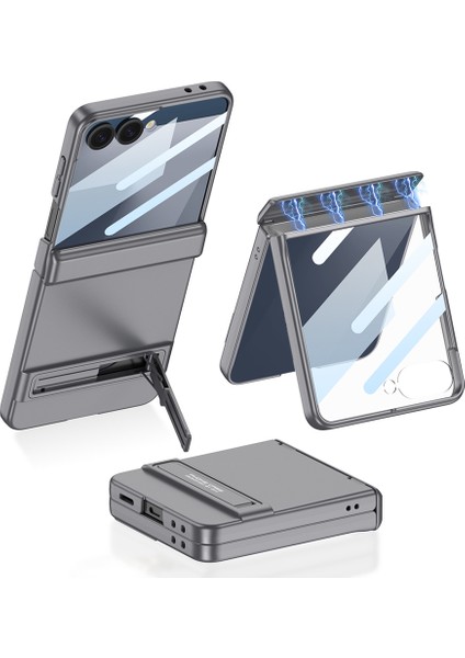 Samsung Galaxy Z Flip 7 Standlı Camlı Kıpta Koruyucu Kılıf ve Kapak