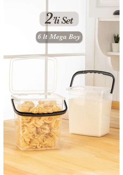 2'li Büyük Şeffaf Saklama Kabı, Un ve Bakliyat Için, 6 Lt, Beyaz