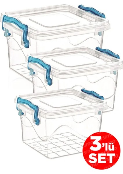 3'lü Kare Şeffaf Kapaklı Saklama Kabı Seti, 2.4 Lt, 1.2 Lt, 550 ml